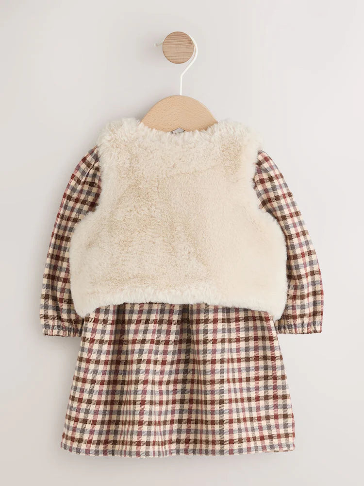 |BabyGirl| Conjunto De 2 Peças De Vestido e Colete Xadrez Bege/Creme Para Bebê (0 meses a 2 anos)