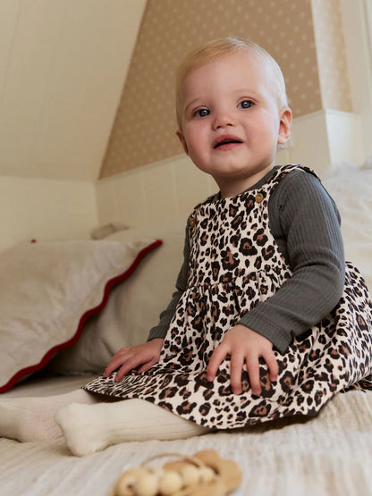 |BabyGirl| Conjunto De Body e Meia-Calça Manga Longa Com Avental De Leopardo Para Bebê (0 meses a 2 anos)