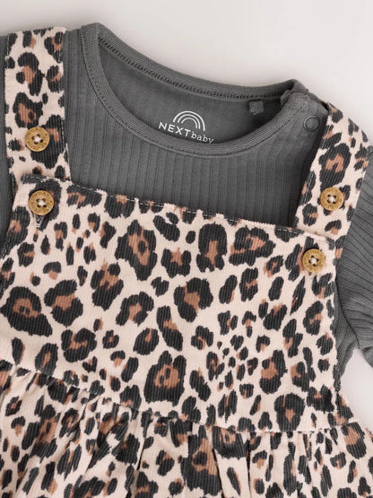 |BabyGirl| Conjunto De Body e Meia-Calça Manga Longa Com Avental De Leopardo Para Bebê (0 meses a 2 anos)
