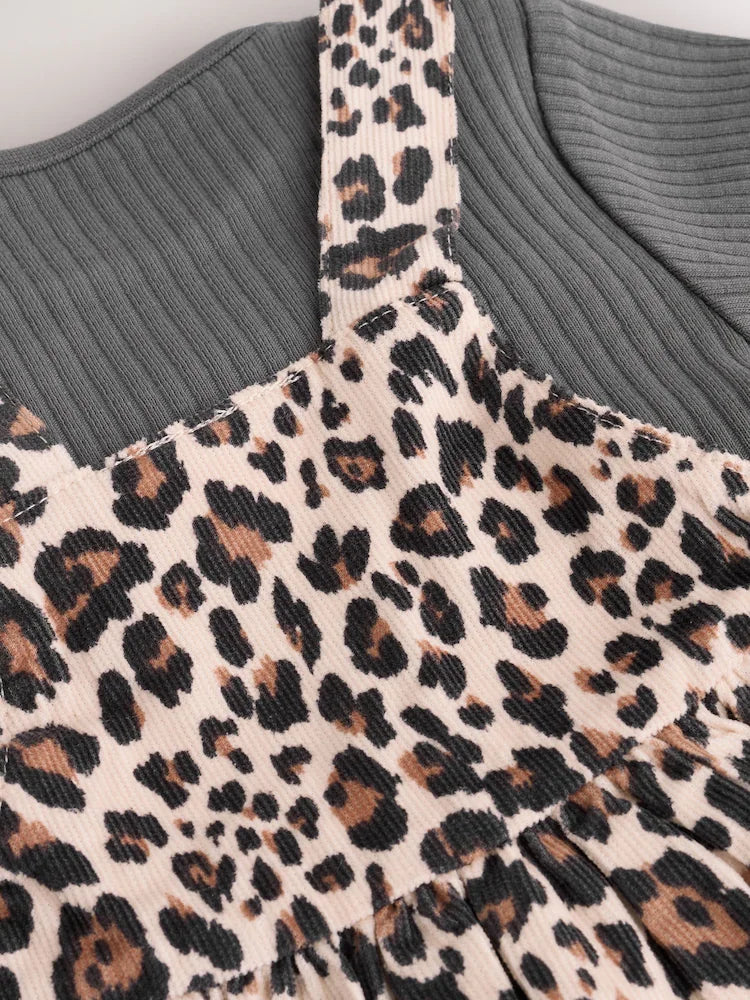 |BabyGirl| Conjunto De Body e Meia-Calça Manga Longa Com Avental De Leopardo Para Bebê (0 meses a 2 anos)