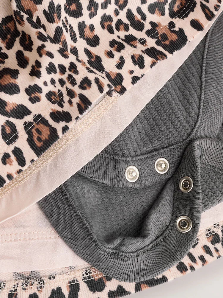 |BabyGirl| Conjunto De Body e Meia-Calça Manga Longa Com Avental De Leopardo Para Bebê (0 meses a 2 anos)