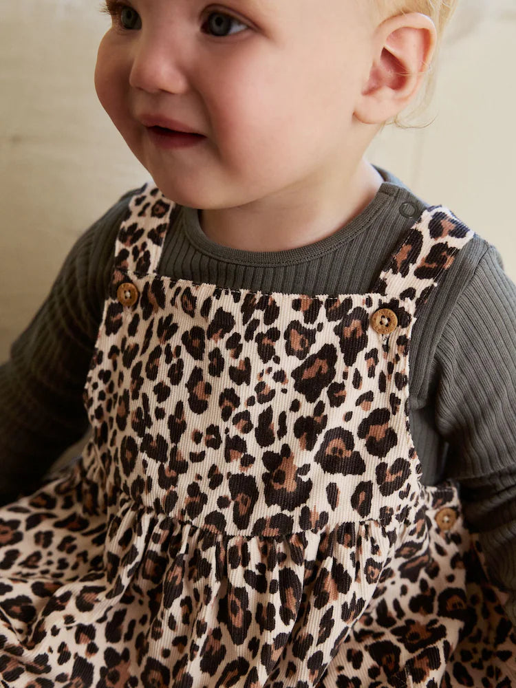 |BabyGirl| Conjunto De Body e Meia-Calça Manga Longa Com Avental De Leopardo Para Bebê (0 meses a 2 anos)