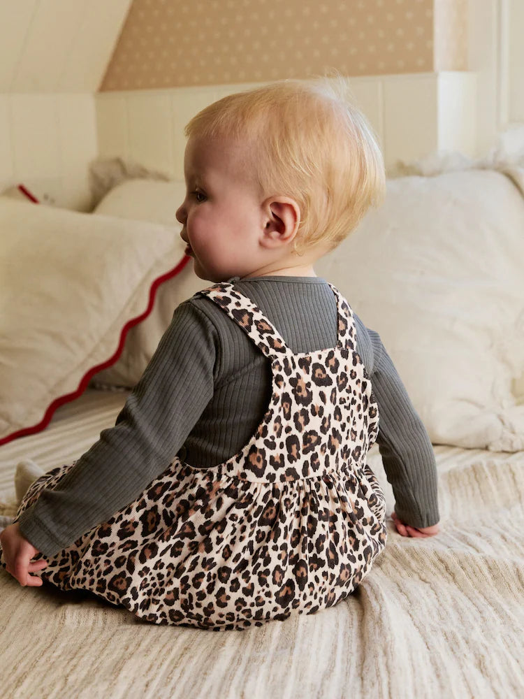 |BabyGirl| Conjunto De Body e Meia-Calça Manga Longa Com Avental De Leopardo Para Bebê (0 meses a 2 anos)