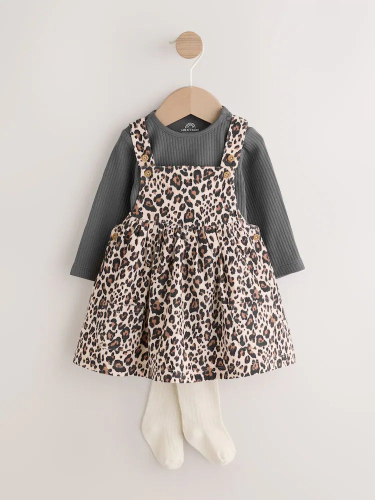 |BabyGirl| Conjunto De Body e Meia-Calça Manga Longa Com Avental De Leopardo Para Bebê (0 meses a 2 anos)