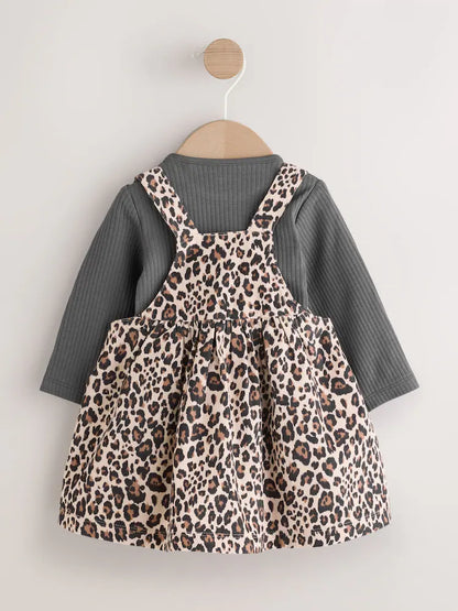 |BabyGirl| Conjunto De Body e Meia-Calça Manga Longa Com Avental De Leopardo Para Bebê (0 meses a 2 anos)