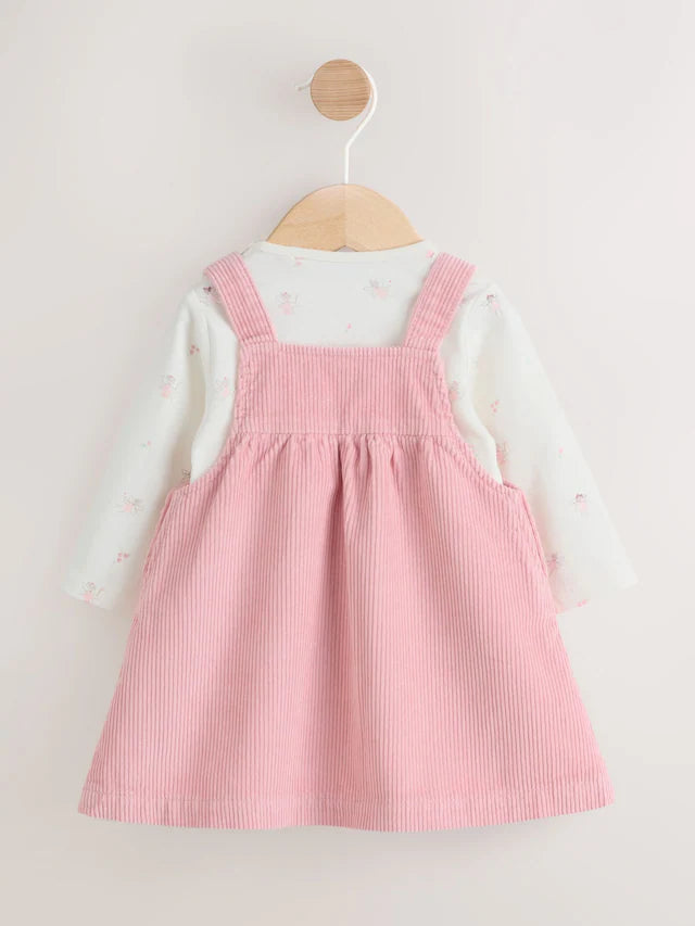 |BabyGirl| Vestido De Avental e Body De Manga Comprida Pink Fairy Baby, Conjunto De 2 peças (0 meses a 2 anos)