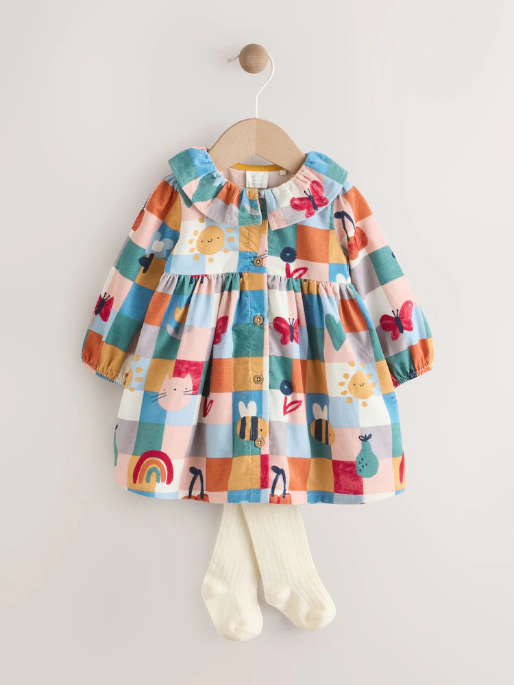 |BabyGirl| Vestido De Bebê Xadrez Vermelho/Azul Com Cordão e Meia-Calça, Conjunto de 2 peças (0 meses a 2 anos)