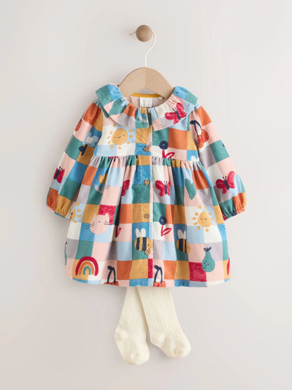 |BabyGirl| Vestido De Bebê Xadrez Vermelho/Azul Com Cordão e Meia-Calça, Conjunto de 2 peças (0 meses a 2 anos)