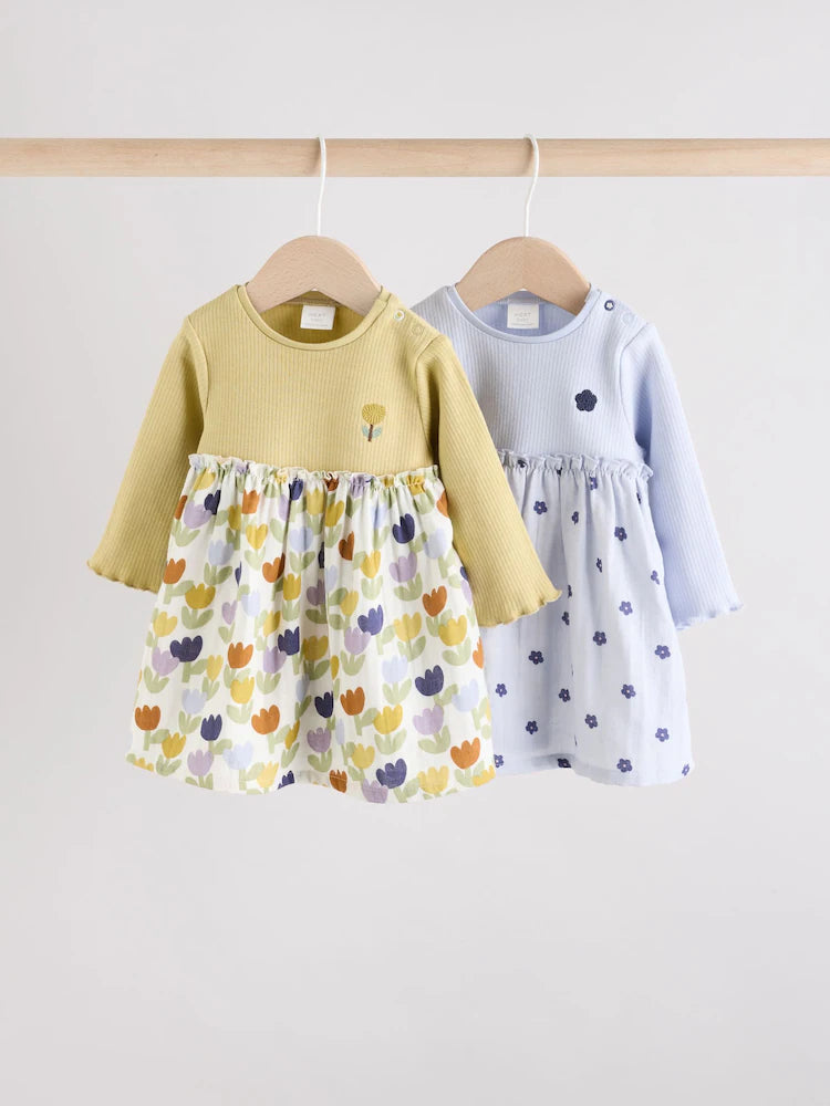 |BabyGirl| Vestidos De Malha Para Bebês Com Flores Azuis/Verdes, Pacote com 2 (0 meses a 2 anos)