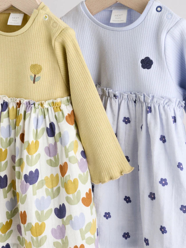 |BabyGirl| Vestidos De Malha Para Bebês Com Flores Azuis/Verdes, Pacote com 2 (0 meses a 2 anos)