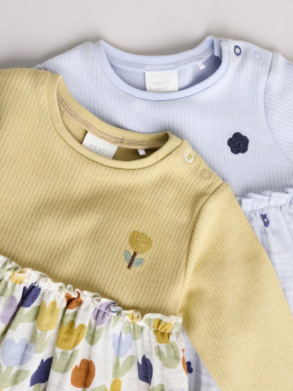 |BabyGirl| Vestidos De Malha Para Bebês Com Flores Azuis/Verdes, Pacote com 2 (0 meses a 2 anos)