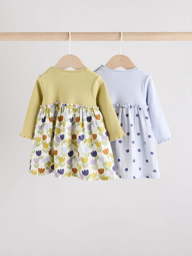 |BabyGirl| Vestidos De Malha Para Bebês Com Flores Azuis/Verdes, Pacote com 2 (0 meses a 2 anos)