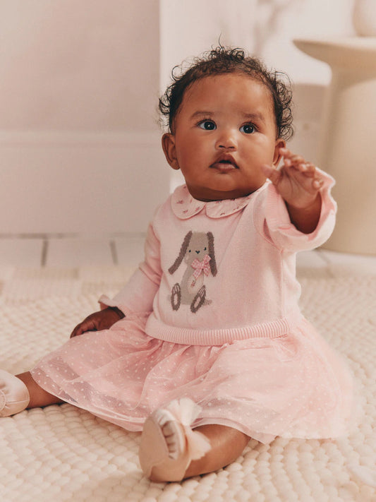 |BabyGirl| Vestido De Tricô Two for Baby Pink Bunny (0 meses a 2 anos)