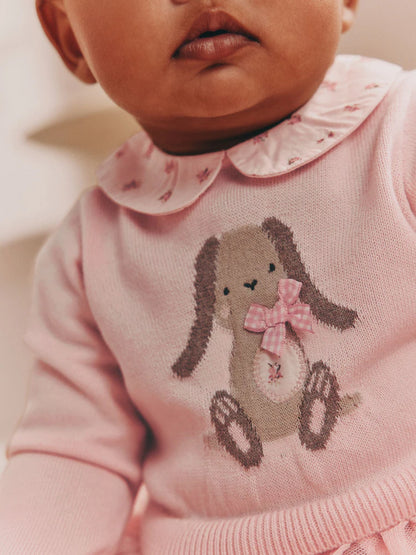 |BabyGirl| Vestido De Tricô Two for Baby Pink Bunny (0 meses a 2 anos)