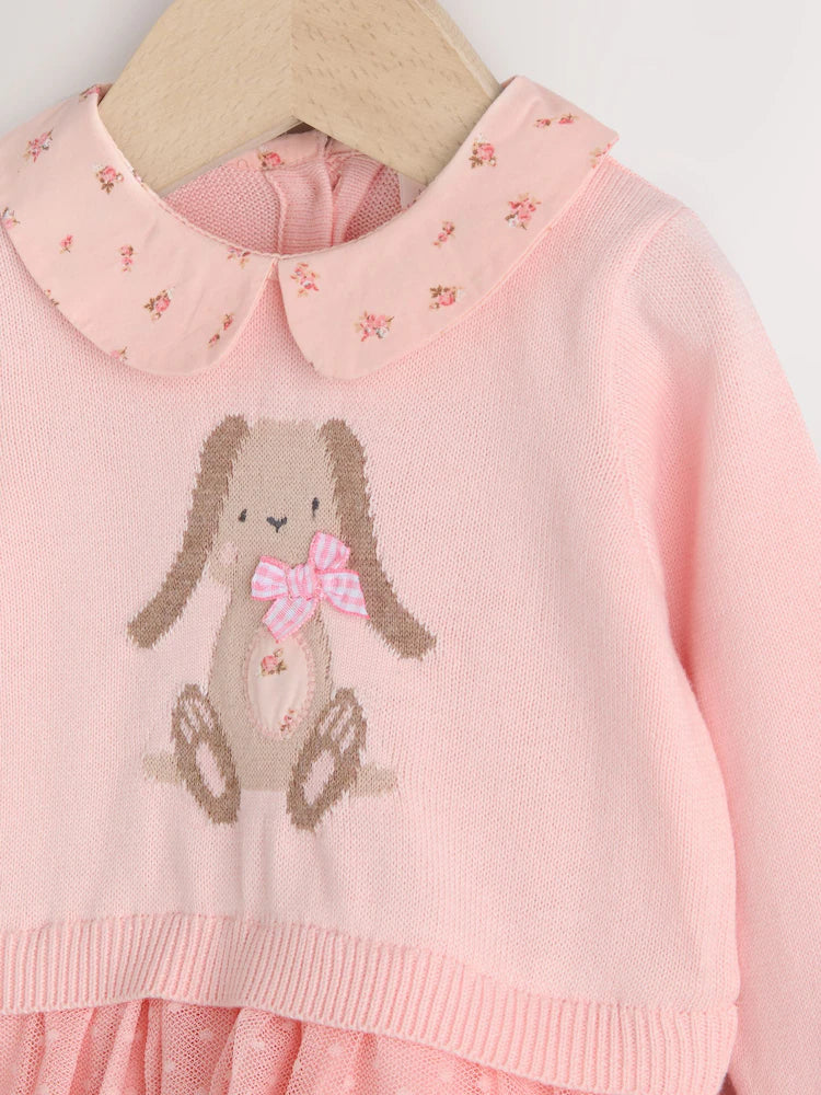 |BabyGirl| Vestido De Tricô Two for Baby Pink Bunny (0 meses a 2 anos)
