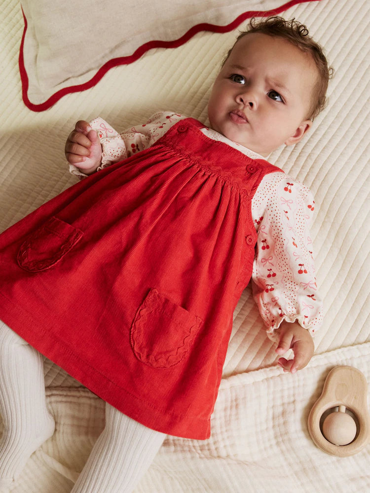 |BabyGirl| Conjunto De Body e Meia-Calça Manga Longa Com Avental De Cordão Vermelho Para Bebê (0 meses a 2 anos)