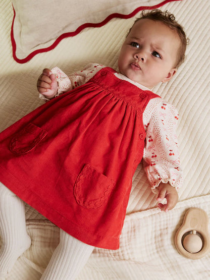 |BabyGirl| Conjunto De Body e Meia-Calça Manga Longa Com Avental De Cordão Vermelho Para Bebê (0 meses a 2 anos)