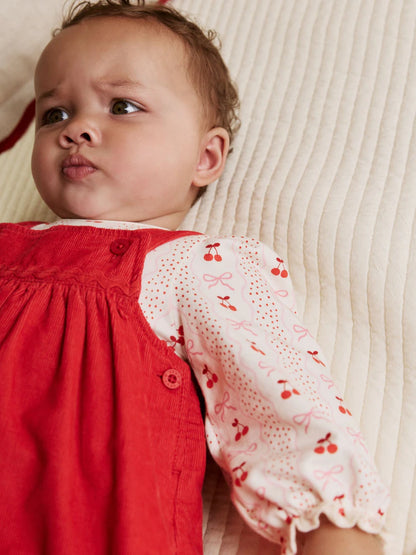 |BabyGirl| Conjunto De Body e Meia-Calça Manga Longa Com Avental De Cordão Vermelho Para Bebê (0 meses a 2 anos)