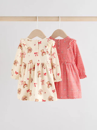|BabyGirl| Vestidos De Malha Xadrez Para Bebês, Creme, Urso/Cereja Vermelha, Pacote com 2 (0 meses a 2 anos)