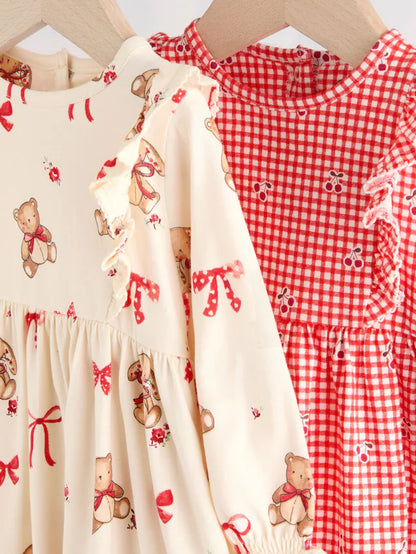|BabyGirl| Vestidos De Malha Xadrez Para Bebês, Creme, Urso/Cereja Vermelha, Pacote com 2 (0 meses a 2 anos)