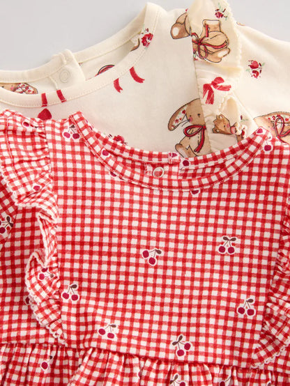 |BabyGirl| Vestidos De Malha Xadrez Para Bebês, Creme, Urso/Cereja Vermelha, Pacote com 2 (0 meses a 2 anos)