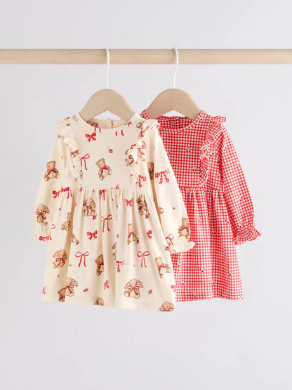 |BabyGirl| Vestidos De Malha Xadrez Para Bebês, Creme, Urso/Cereja Vermelha, Pacote com 2 (0 meses a 2 anos)