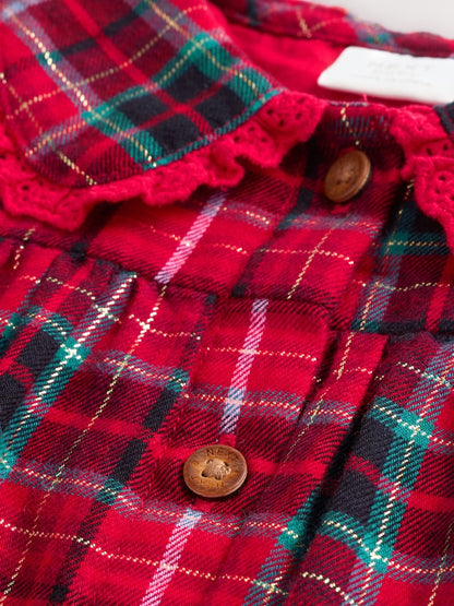 |BabyGirl| Vestido De Manga Comprida Com Gola Xadrez Vermelho Para Bebê (0 meses a 2 anos)