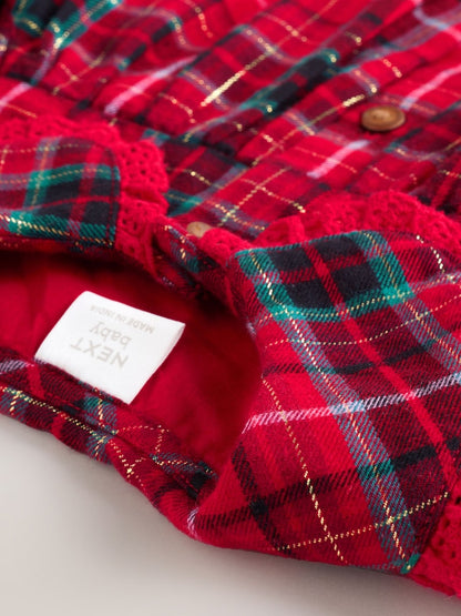 |BabyGirl| Vestido De Manga Comprida Com Gola Xadrez Vermelho Para Bebê (0 meses a 2 anos)