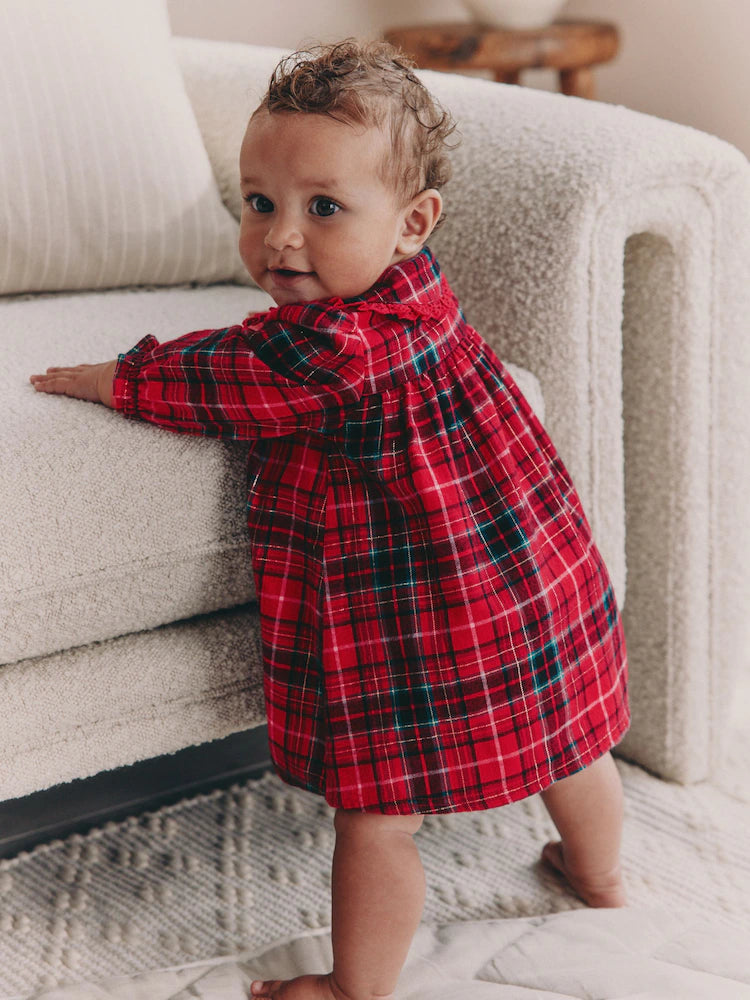 |BabyGirl| Vestido De Manga Comprida Com Gola Xadrez Vermelho Para Bebê (0 meses a 2 anos)