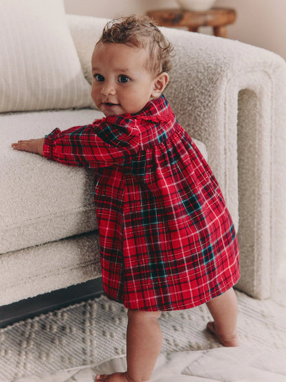 |BabyGirl| Vestido De Manga Comprida Com Gola Xadrez Vermelho Para Bebê (0 meses a 2 anos)