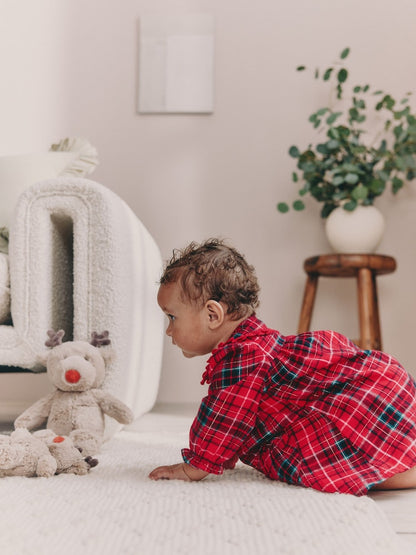 |BabyGirl| Vestido De Manga Comprida Com Gola Xadrez Vermelho Para Bebê (0 meses a 2 anos)