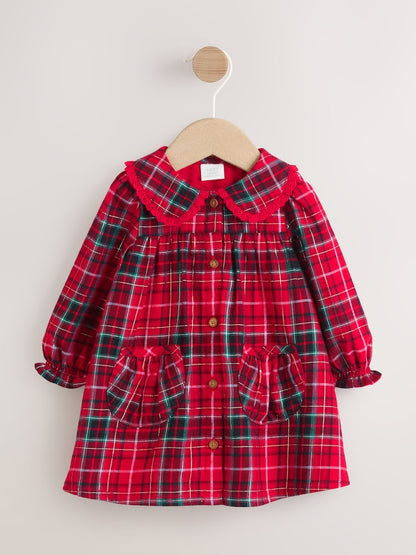 |BabyGirl| Vestido De Manga Comprida Com Gola Xadrez Vermelho Para Bebê (0 meses a 2 anos)