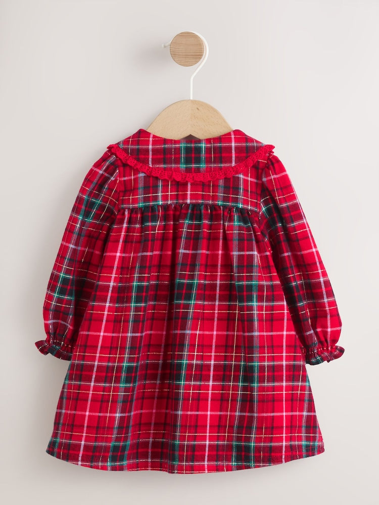 |BabyGirl| Vestido De Manga Comprida Com Gola Xadrez Vermelho Para Bebê (0 meses a 2 anos)