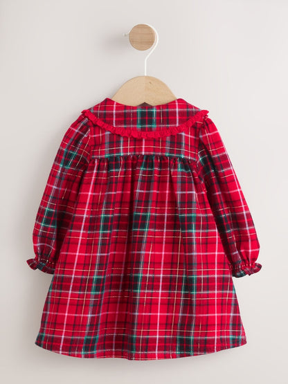 |BabyGirl| Vestido De Manga Comprida Com Gola Xadrez Vermelho Para Bebê (0 meses a 2 anos)