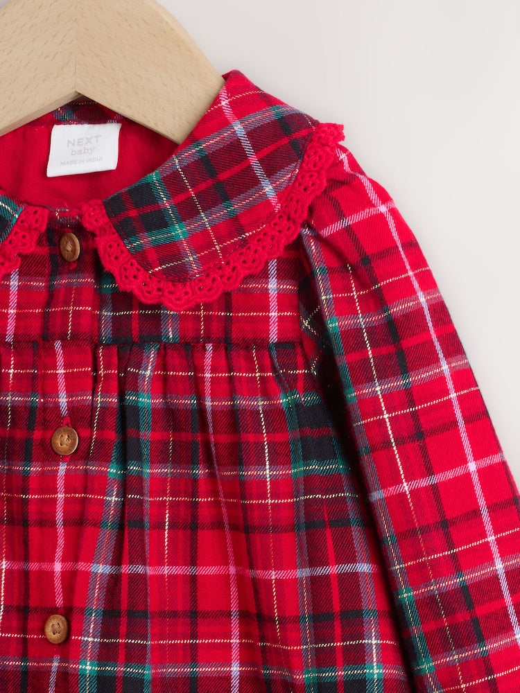 |BabyGirl| Vestido De Manga Comprida Com Gola Xadrez Vermelho Para Bebê (0 meses a 2 anos)