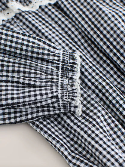 |BabyGirl| Macacão Infantil Com Estampa Xadrez Xadrez Cinza/Branco e Meia-Calça, Conjunto de 2 peças (0 meses-