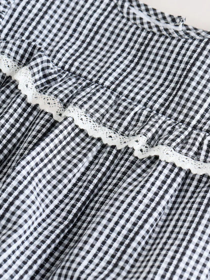 |BabyGirl| Macacão Infantil Com Estampa Xadrez Xadrez Cinza/Branco e Meia-Calça, Conjunto de 2 peças (0 meses-