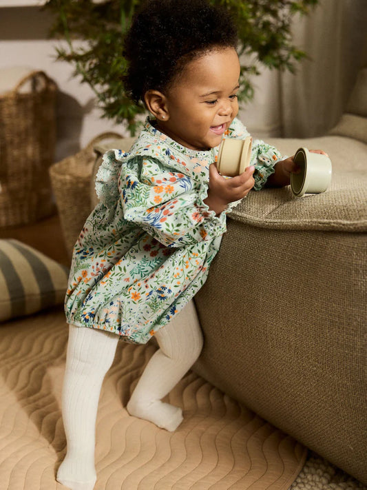 |BabyGirl| Macacão Infantil Com Estampa Floral Verde e Meia-Calça, Conjunto De 2 Peças (0 meses a 3 anos)