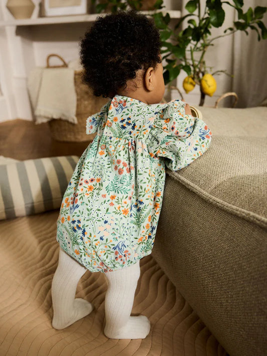 |BabyGirl| Macacão Infantil Com Estampa Floral Verde e Meia-Calça, Conjunto De 2 Peças (0 meses a 3 anos)