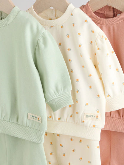 |BabyGirl| Conjunto De 6 peças De Moletom e Calça Jogger Infantil Verde Sálvia/Ferrugem/Creme Ditsy