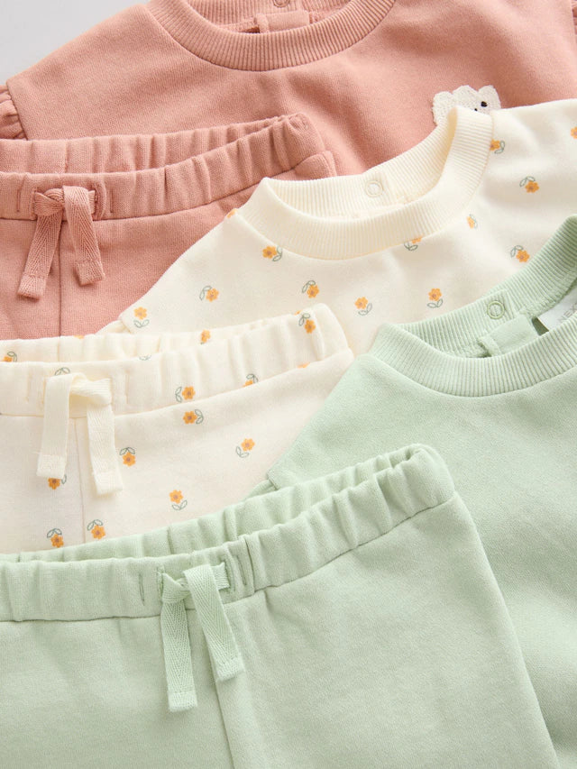 |BabyGirl| Conjunto De 6 peças De Moletom e Calça Jogger Infantil Verde Sálvia/Ferrugem/Creme Ditsy