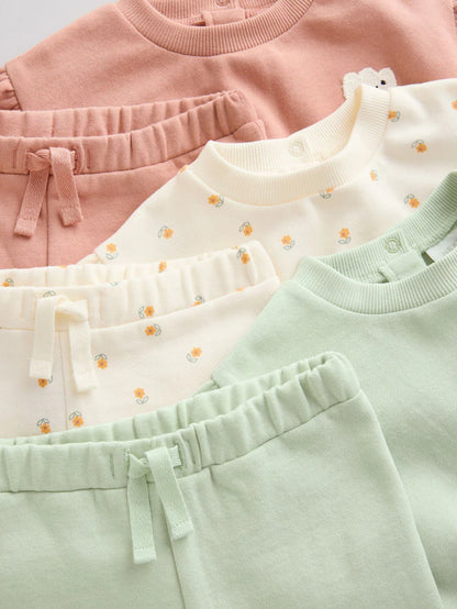 |BabyGirl| Conjunto De 6 peças De Moletom e Calça Jogger Infantil Verde Sálvia/Ferrugem/Creme Ditsy