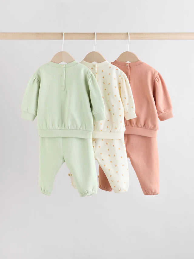 |BabyGirl| Conjunto De 6 peças De Moletom e Calça Jogger Infantil Verde Sálvia/Ferrugem/Creme Ditsy