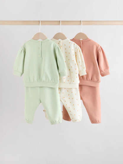 |BabyGirl| Conjunto De 6 peças De Moletom e Calça Jogger Infantil Verde Sálvia/Ferrugem/Creme Ditsy