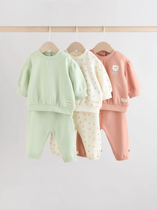 |BabyGirl| Conjunto De 6 Peças De Moletom e Calça De Moletom Infantil Verde Sálvia/Ferrugem/creme (0 meses a 2 anos)
