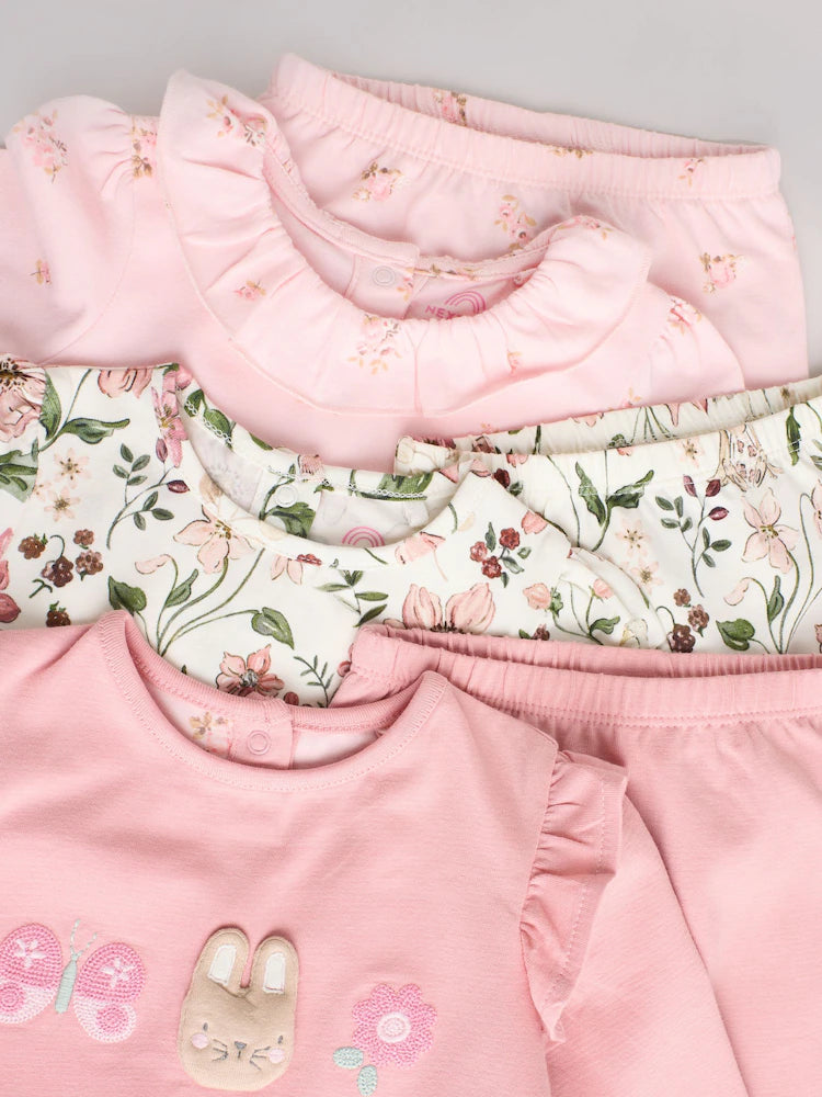 |BabyGirl| Conjunto De 6 Peças De Blusa e Leggings De Manga Comprida Com Personagem Coelho Rosa/Creme