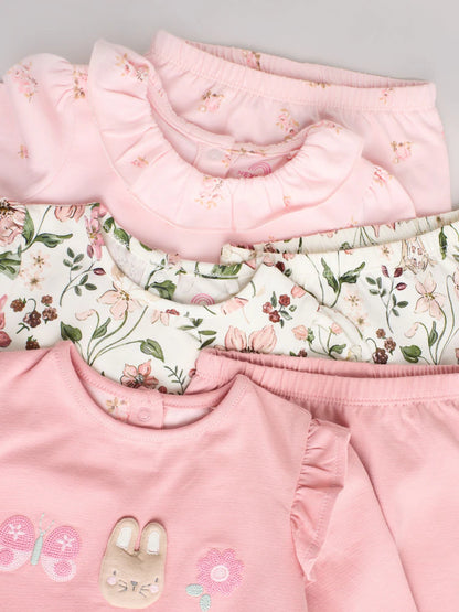 |BabyGirl| Conjunto De 6 Peças De Blusa e Leggings De Manga Comprida Com Personagem Coelho Rosa/Creme