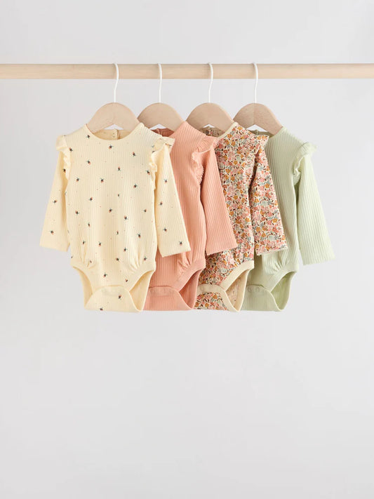 |BabyGirl| Pacote Com 4 Macacões De Manga Comprida Com Babados, Verde-Sálvia/Creme/Coral, Ditsy Baby (0 meses a 2 anos)
