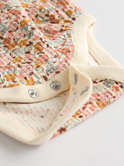 |BabyGirl| Pacote Com 4 Macacões De Manga Comprida Com Babados, Verde-Sálvia/Creme/Coral, Ditsy Baby (0 meses a 2 anos)