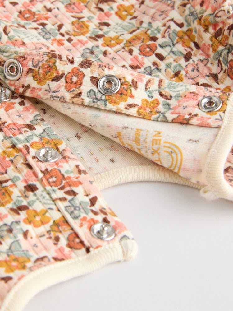 |BabyGirl| Pacote Com 4 Macacões De Manga Comprida Com Babados, Verde-Sálvia/Creme/Coral, Ditsy Baby (0 meses a 2 anos)